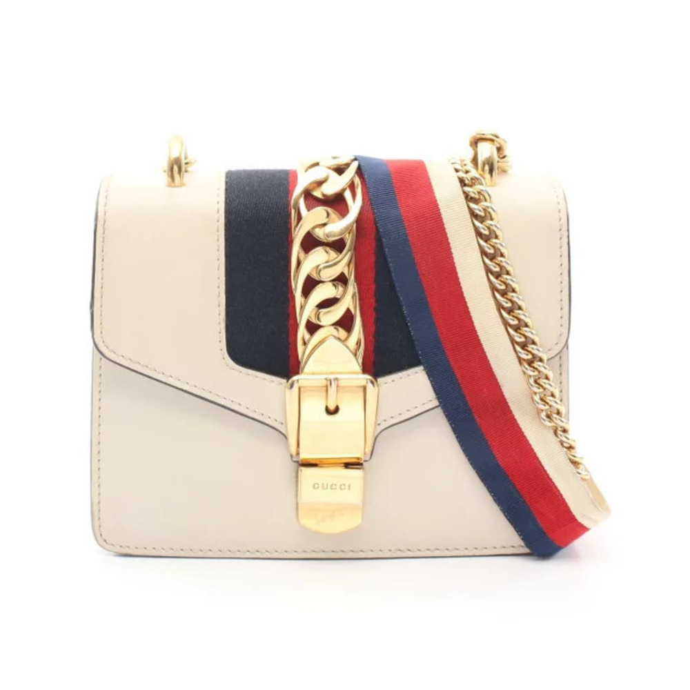 Gucci Sylvie Web Shoulder Bag Leather Ivory White Navy Blue Red